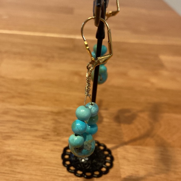Genuine turquoise bead earrings.  Handmade.  Pierced. L:  2 in. W:  3/4 in. - Picture 3 of 3